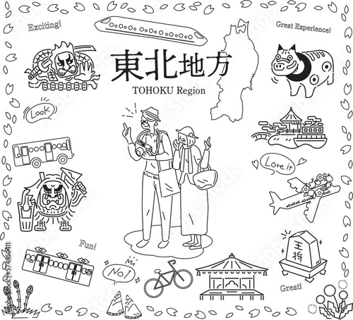 日本の東北地方の春の名所観光を楽しむシニア夫婦、アイコンのセット（線画白黒）