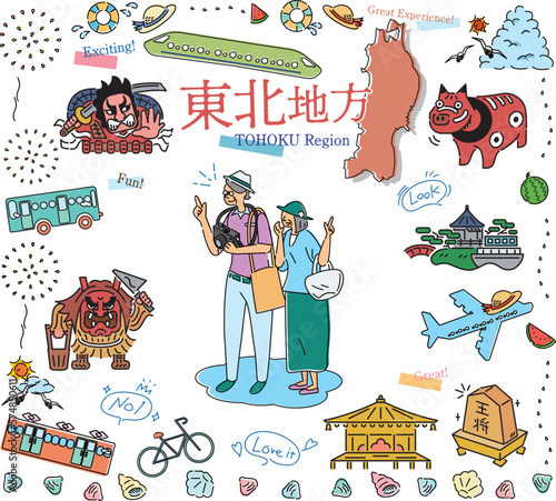 日本の東北地方の夏の名所観光を楽しむシニア夫婦、アイコンのセット（線画）