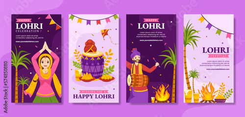 Happy Lohri Festival Social Media Stories Flat Cartoon Hand Drawn Templates Background Illustration