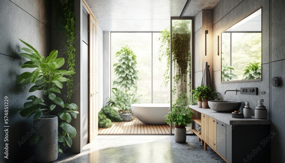 Concrete and Green: A Minimalist Bathroom with a Living Wall, AI Generative