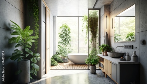 Concrete and Green: A Minimalist Bathroom with a Living Wall, AI Generative