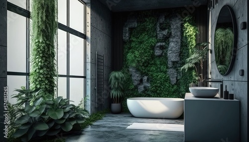 Living in Concrete: A Minimalist Bathroom with a Living Wall, AI Generative