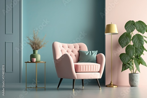 design of the living room. mockup featuring a pale pink armchair and a blue wall with empty space on the left. Generative AI photo