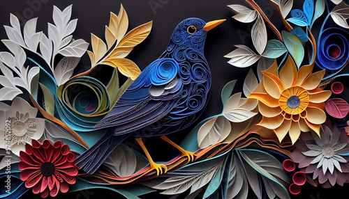 3d spring time construction paper background with flowers and birds, paper layers, quilling, ai generated