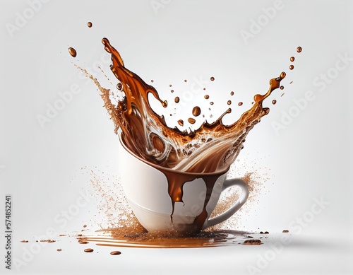 A cup of coffee with a white cup, splashing in the air. Generative AI.