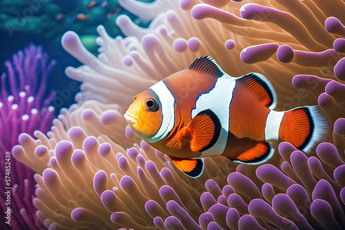 Tropical fish clownfish swimming over a coral reef with anemones. Generative AI © Postproduction