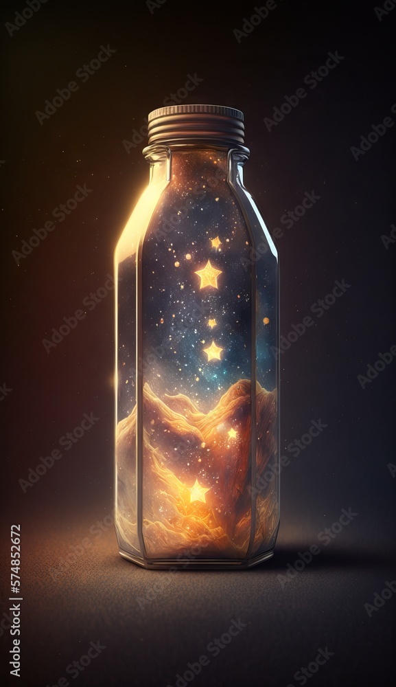 Magic potion in a glass jar with starry sky. Generative AI Magic potion in a glass jar with starry sky. Generative AI