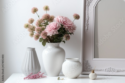 Decorated interior of a home. A vase of pink flowers against a white background. Generative AI
