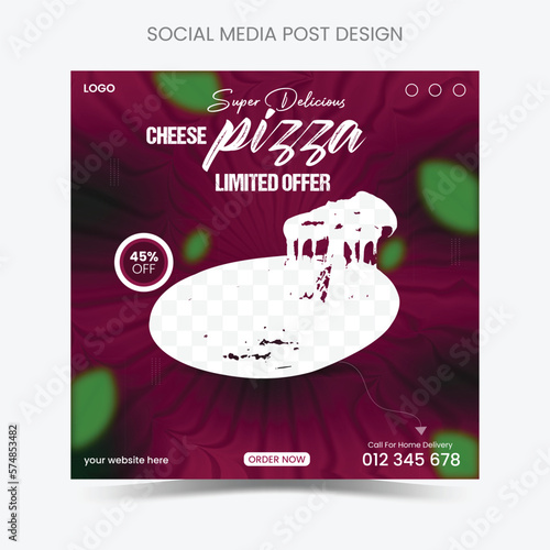 Fast food restaurant business marketing social media post or web banner template design with an abstract background, logo, and icon. Fresh pizza, burger & pasta online sale promotion flyer or poster.