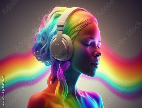 Rainbow woman wearing headphones listen to pop music isolated