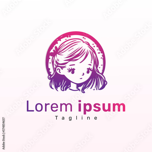 Pink gradient woman logo with hair. Hand drawing girl face logo concept.