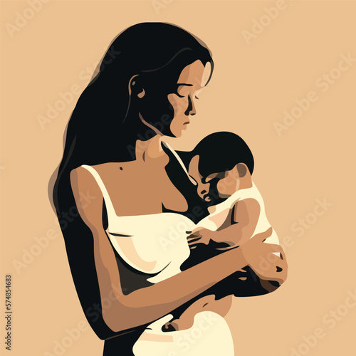 Woman holding her infant baby in her arms. Logo symbol of motherhood and love. Card for the Happy Mother's Day. Mom and newborn baby. Touching portrait. Generative AI