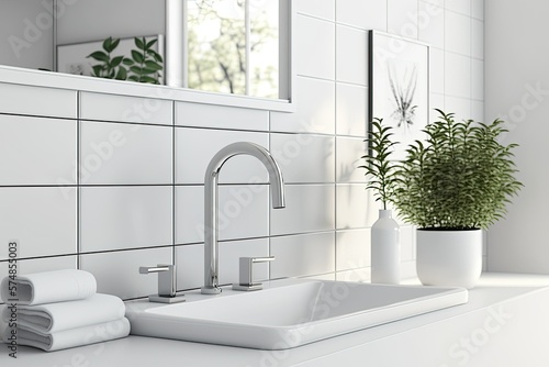 Modern tiled bath bathtub, white bathroom faucet. Generative AI