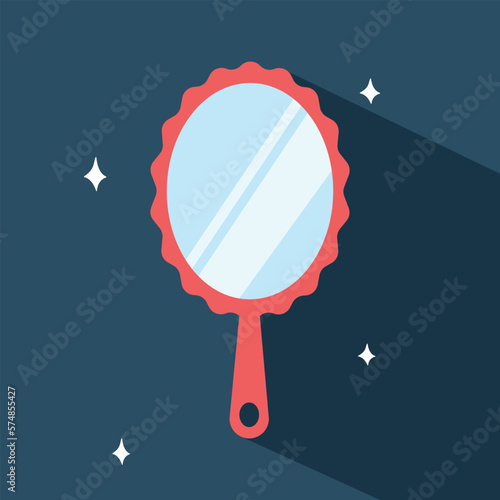 Hand mirror with long shadow in flat style vector illustration. Simple makeup hand mirror for women clipart cartoon style, hand drawn doodle style. Mirror with handle cute vector illustration