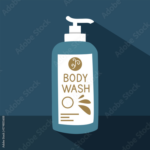 Body wash bottle with long shadow in flat style vector illustration. Simple body wash bottle clipart cartoon style, hand drawn doodle style. Personal hygiene cosmetic product vector illustration