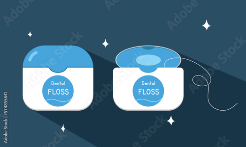 Dental floss with long shadow in flat style vector illustration. Simple open and close dental floss container clipart cartoon style hand drawn doodle. Medical, dentistry healthcare vector illustration