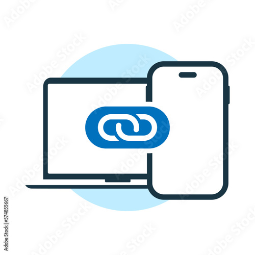 link, connect, synchronization of mobile phone and computer concept illustration flat design vector eps10. modern graphic element for landing page, empty state ui, infographic, icon