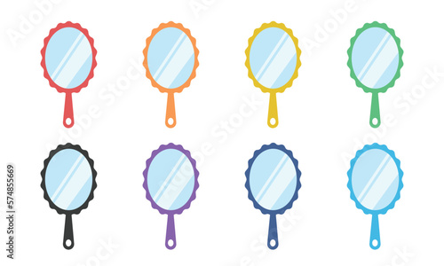 Set of multicolored hand mirrors in flat style vector illustration. Simple makeup hand mirror for women clipart cartoon style, hand drawn doodle style. Mirror with handle cute vector illustration