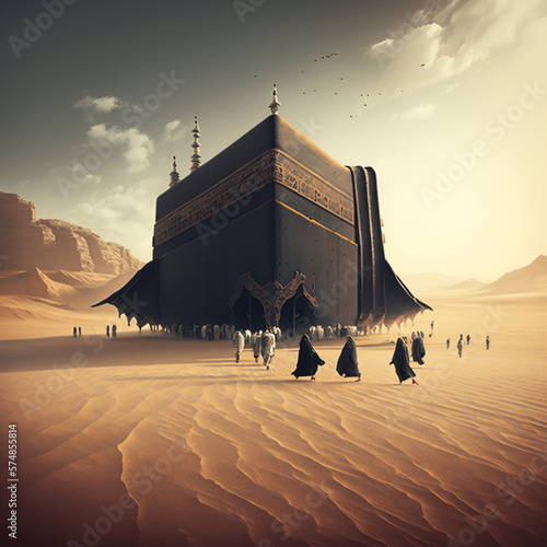 People going to the mosque in the desert illustration  photo