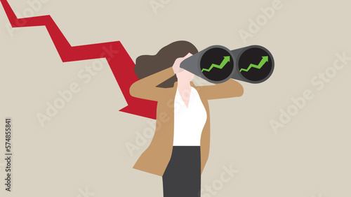 A businesswoman uses binoculars to look for a green up graph, business solution, problem-solving from a red down arrow, financial crisis, economic downturn, Global recession, and inflation concept.