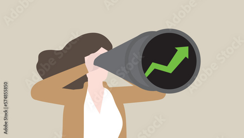 A businesswoman uses a telescope to look for a green graph, business solution, problem-solving from  financial crisis, economic downturn, Global recession, inflation, bankruptcy, and failure concept.