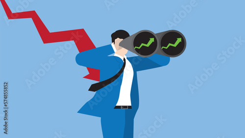 A businessman uses binoculars to look for a green up graph, business solution, problem-solving from a red down arrow, financial crisis, economic downturn, Global recession, and inflation concept.