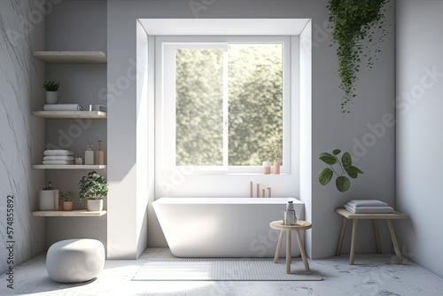 Interior of a bathroom with a large square window, a bathtub, and a tiny chair with personal care items. idea of cleanliness a mockup Toned picture. Generative AI © 2rogan