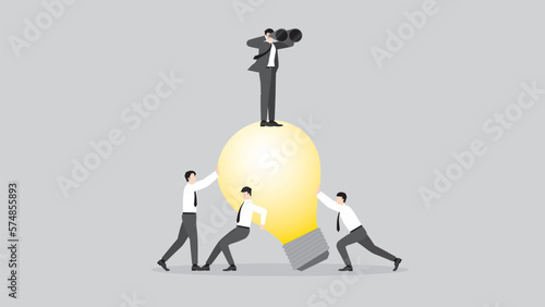A visionary businessman uses binoculars on a big light bulb, teamwork support. Business ideas, problem-solving from the financial crisis, economic downturn, Global recession, and inflation concept