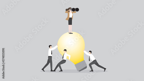 A vision businesswoman uses binoculars on a big light bulb, teamwork support. Business ideas, problem-solving from the financial crisis, economic downturn, Global recession, and inflation concept