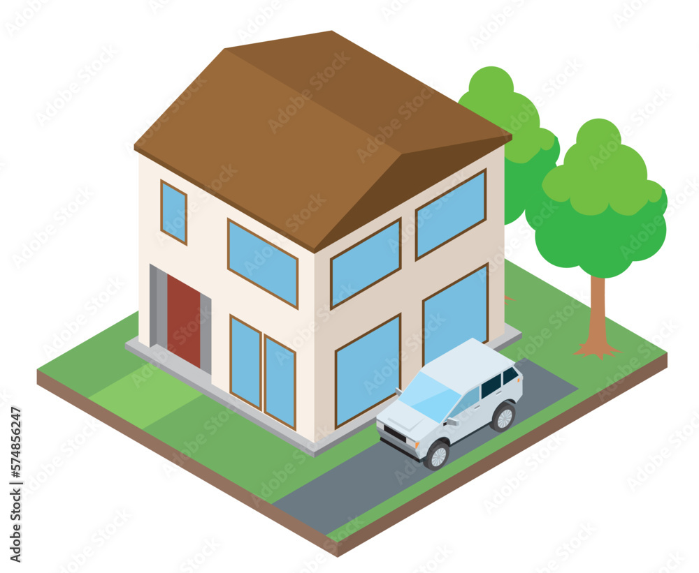 一戸建て住宅マイホーム・自動車のイラスト 二階建て アイソメトリックス立体イラスト 一戸建て住宅マイホーム・自動車のイラスト 二階建て アイソメトリックス立体イラスト