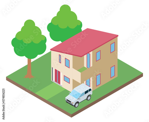一戸建て住宅マイホーム・自動車のイラスト　二階建て　アイソメトリックス立体イラスト