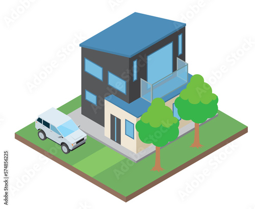一戸建て住宅マイホーム・自動車のイラスト　二階建て　アイソメトリックス立体イラスト