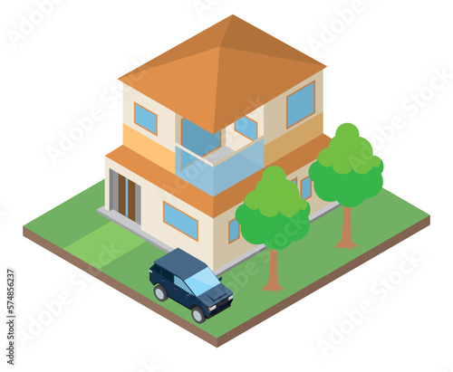 一戸建て住宅マイホーム・自動車のイラスト　二階建て　アイソメトリックス立体イラスト