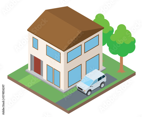 一戸建て住宅マイホーム・自動車のイラスト　二階建て　アイソメトリックス立体イラスト