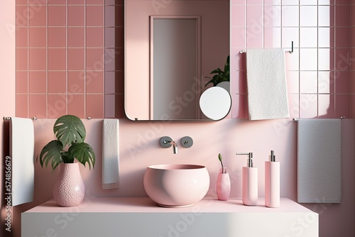 Contemporary sink with toiletries and a little vertical mirror in a pink-tiled bathroom. a mockup. Generative AI photo
