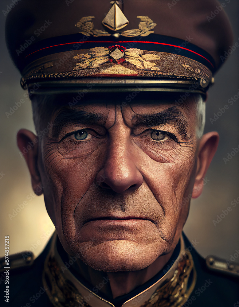 Portrait of decorated war general with stoic look. Generative AI Portrait of decorated war general with stoic look. Generative AI