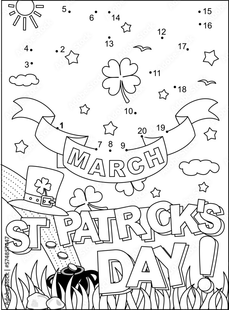St. Patrick's Day dot-to-dot hidden picture puzzle and coloring page, poster, or activity sheet with 17th March sign
