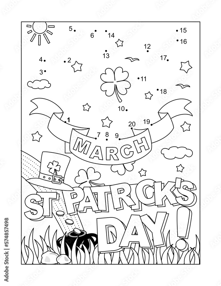 St. Patrick's Day dot-to-dot hidden picture puzzle and coloring page, poster, or activity sheet with 17th March sign
