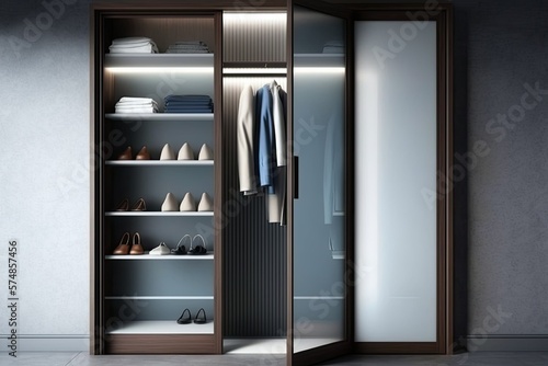 Modern frosted glass folding door walk-in closet. Neat wardrobe, Clothes, Shoes, Copy space, Morning sunlight, Flooring, Wooden, Storage, Background, Open. Generative AI