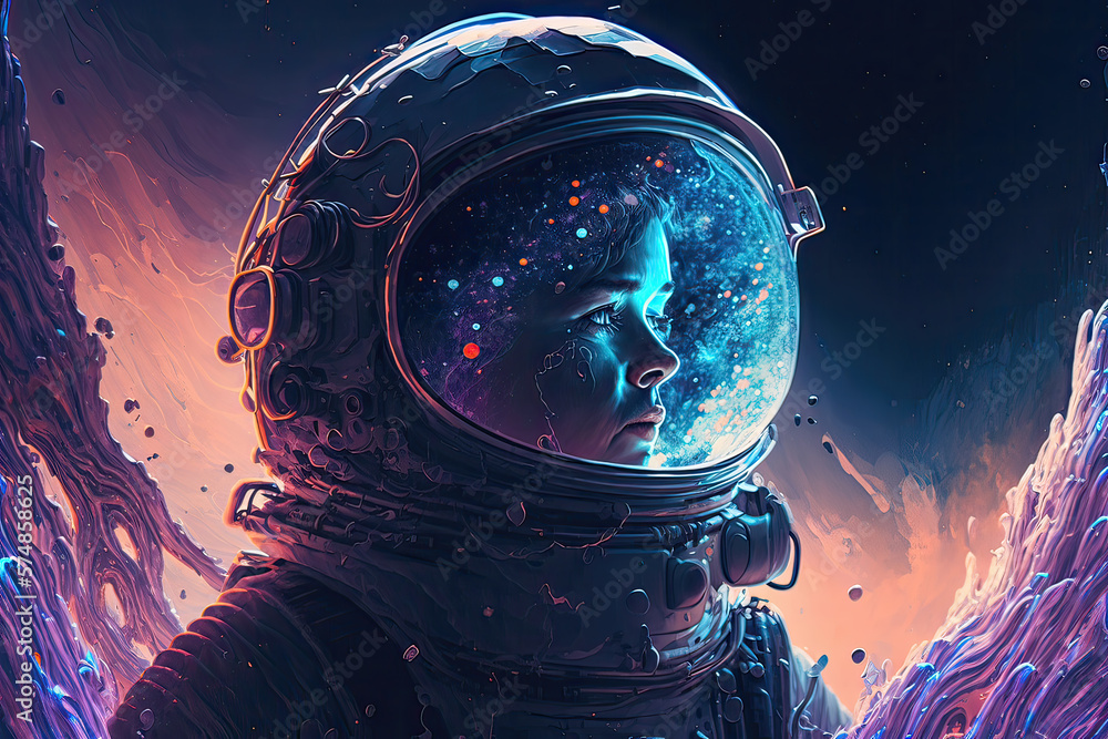 Astronaut in space suit among beautiful art cosmos on another planet. Generative AI