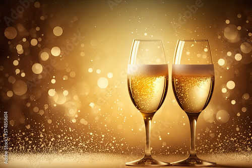 Champagne glasses with sparkling golden background, generative AI