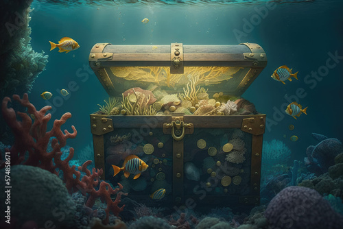 Chest with gold coins on the bottom of the sea, generative AI