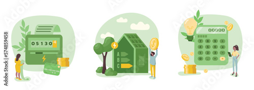 Sustainability illustration set. Energy efficiency in household and industry. Checking heating meter and calculates household utility bill. Home energy efficiency audit concept. Vector in flat style.