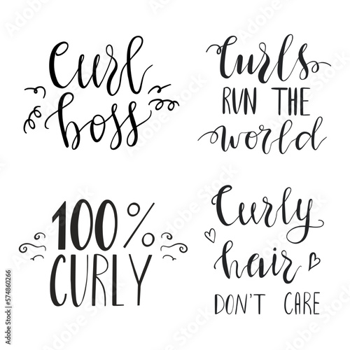Set of 4 quotes about curly hair, hand lettered sayings
