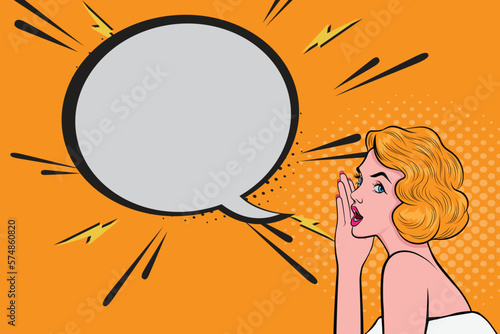 Woman in white shouting over speech bubble in pop art comic style. Dots. Black.