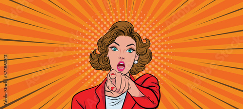 Beautiful businesswoman with open mouth and pointing finger at you  vintage style Pop Art Cartoon Vector Illustration