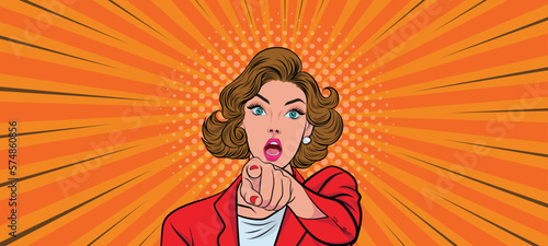 Beautiful businesswoman with open mouth and pointing finger at you, vintage style Pop Art Cartoon Vector Illustration
