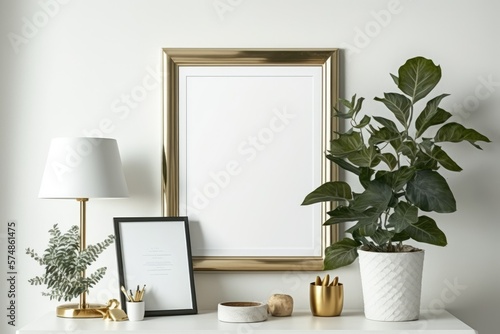 Interior of a contemporary Scandinavian home with a mock-up photo frame, custom office supplies, and plants on the wooden desk. On the white wall, there is a lovely mirror. Inventive interior design © 2rogan