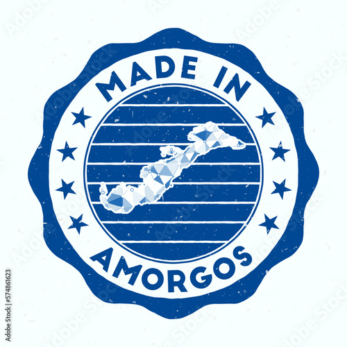 Made In Amorgos. Island round stamp. Seal of Amorgos with border shape. Vintage badge with circular text and stars. Vector illustration.