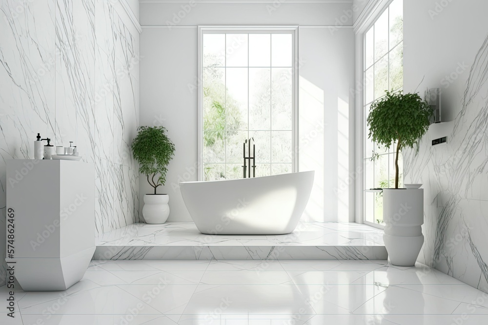 White bathtub and tiled floor in a spacious bathroom with white walls. A floor rug and a toilet. a wall model. Generative AI White bathtub and tiled floor in a spacious bathroom with white walls. A floor rug and a toilet. a wall model. Generative AI